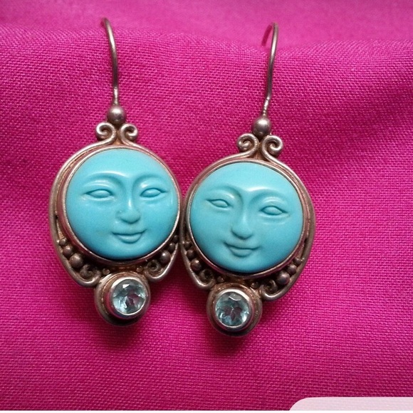Sajen Jewelry - Sajen Sterling Silver Turquoise Moonface Dangle Earrings - Women Jewelry
